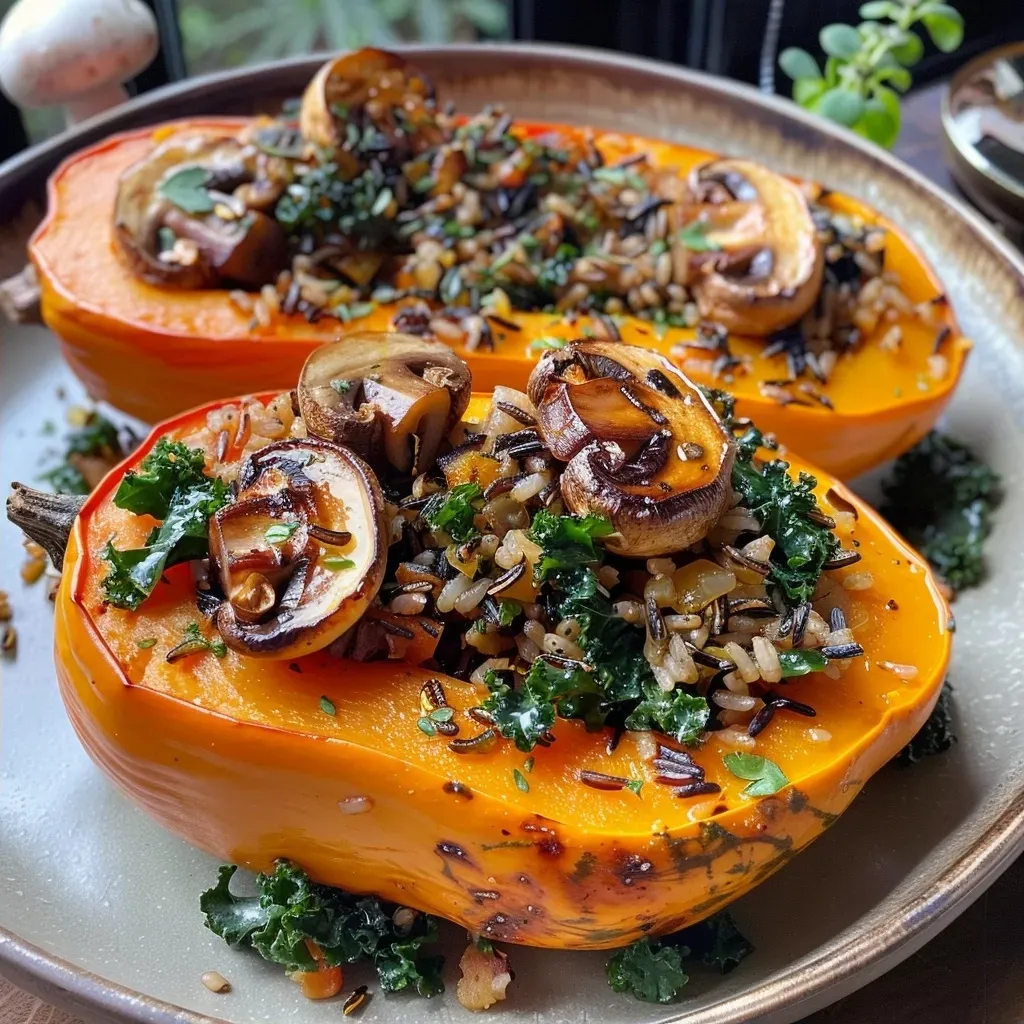 Side angle of a juicy, baked butternut squash with a savory filling of rice and sausage.