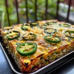 Close-up view of grilled jalapeño cheddar cornbread with a golden crust and jalapeño slices on top.