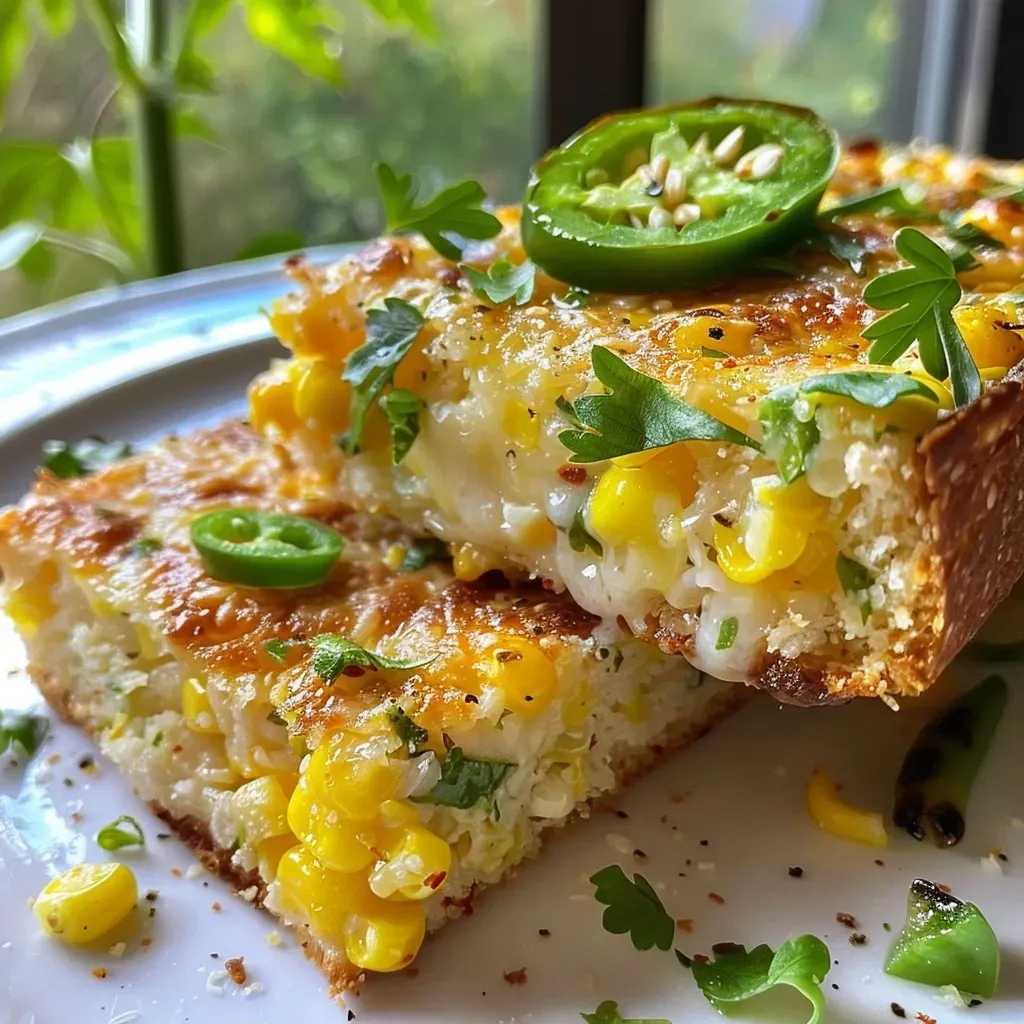 Side view of cornbread featuring grilled jalapeños and melted cheddar cheese, showcasing a moist texture.