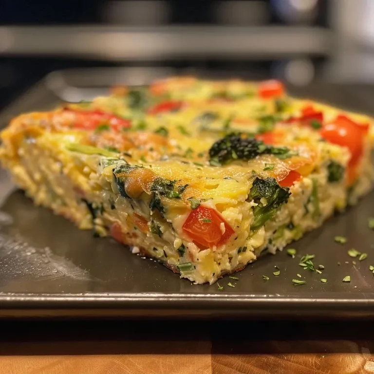 Close-up view of a veggie-packed cottage cheese egg bake, showcasing colorful vegetables and a golden top.