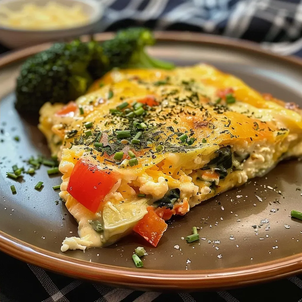 Side view of a delicious baked egg dish with chunks of vegetables and creamy cottage cheese.