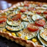 A close-up view of a delicious vegetable tart topped with grated Parmesan cheese.