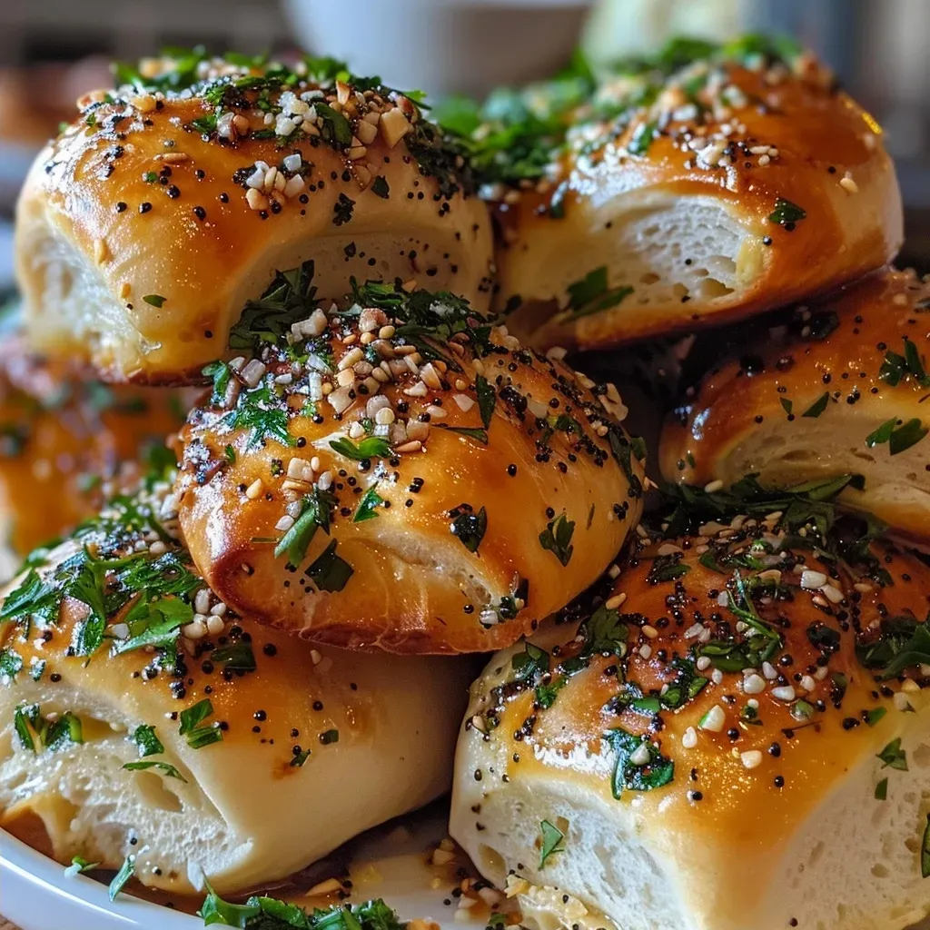 Side view of freshly baked vegan dinner rolls, showcasing their fluffy interior and roasted garlic topping.