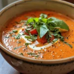 Close-up of a bowl filled with roasted red pepper and tomato soup, topped with fresh basil.