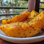 Close-up view of roasted butternut squash with a golden-brown glaze.