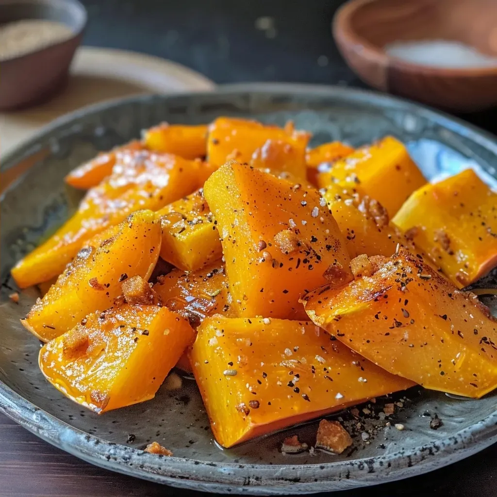 Side angle of caramelized butternut squash sprinkled with brown sugar and cinnamon.