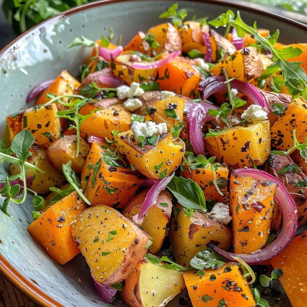 Side perspective of a vibrant salad featuring roasted butternut squash, carrots, and herbs.