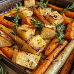 Close-up view of colorful roasted root vegetables, including carrots, parsnips, beets, sweet potato, and red onion.