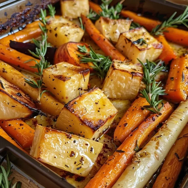 Geröstetes Wurzelgemüse – Ein Fest der Farben und Aromen Close-up view of colorful roasted root vegetables, including carrots, parsnips, beets, sweet potato, and red onion.