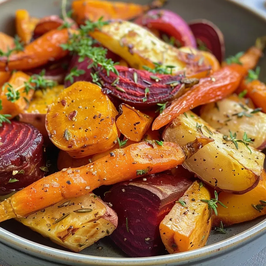 Side view of a medley of roasted root vegetables displayed beautifully, showcasing their vibrant colors and textures.