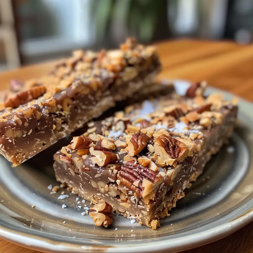 Side view of delicious salted maple pecan pie bars, highlighting the texture and ingredients.