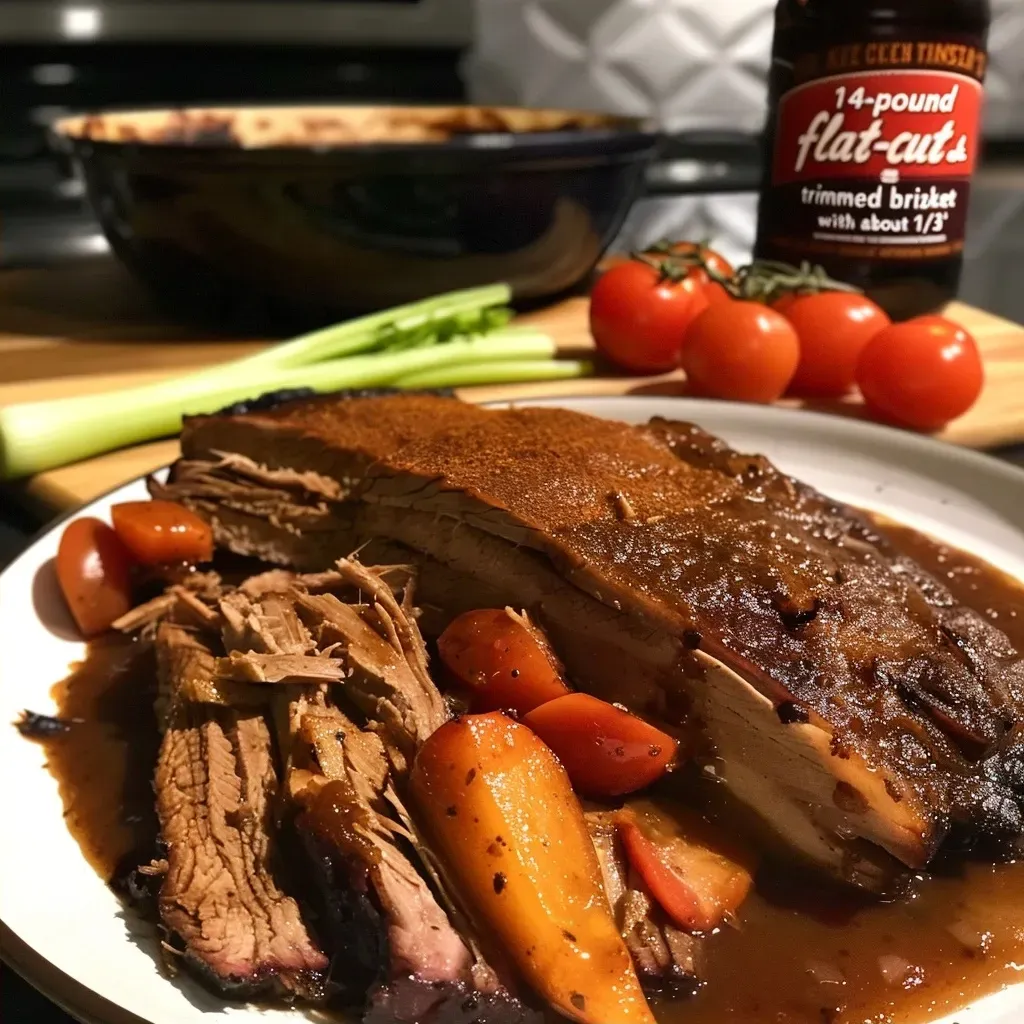 Sliced brisket on a plate, glistening with a rich glaze and garnished.