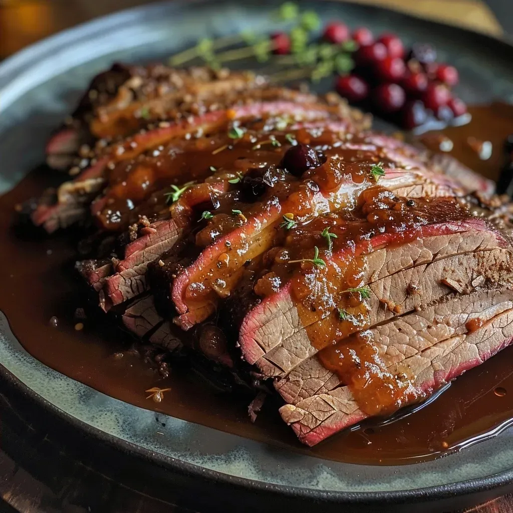Close-up view of tender braised brisket served with a rich cranberry onion sauce.