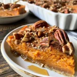 Close-up of a golden-brown sweet potato casserole topped with pumpkin seeds and pecans.