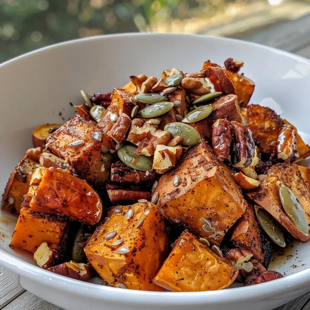 Side view of a healthy sweet potato casserole with layers of sweet potato and a crunchy topping.