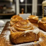 Close-up view of a healthy pumpkin roll with cream cheese filling, displayed on a textured surface.