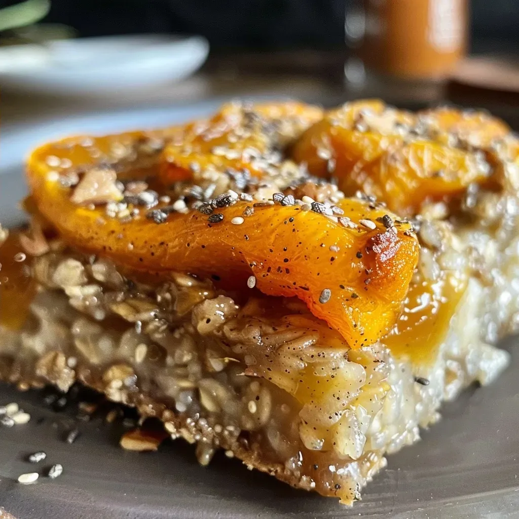 Side view of a creamy baked oats dish featuring chunks of persimmon and spices, presented in a rustic bowl.