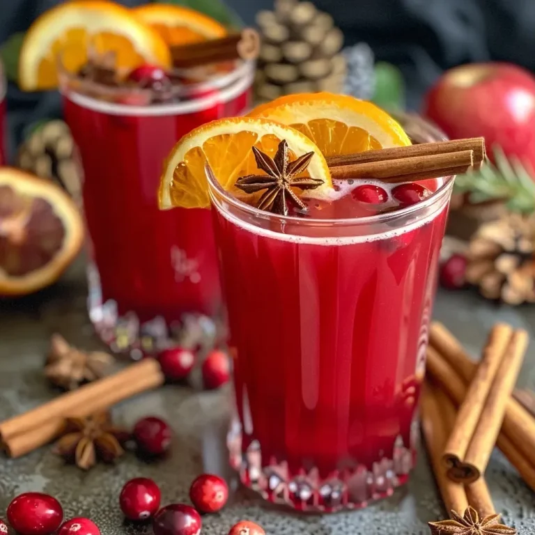 Gemütlicher Genuss: Warmer Gewürzter Cranberry-Punsch für die kalte Jahreszeit A close-up side view of a warm spiced cranberry punch in a glass, showcasing vibrant red and orange hues.