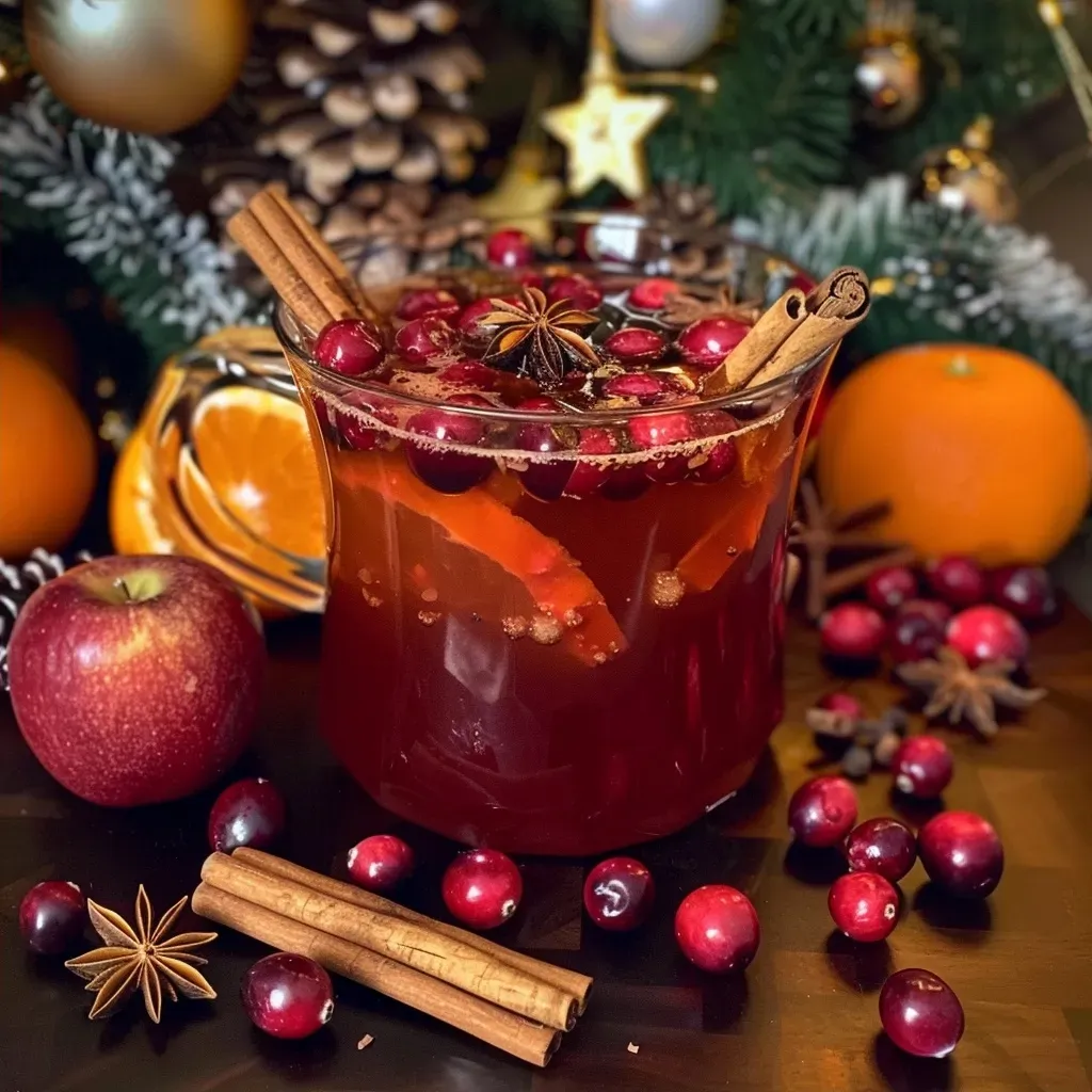 A photo of a glass filled with warm cranberry punch garnished with sliced oranges and cranberries, cinnamon sticks visible.