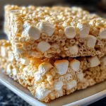 Close-up view of gooey brown butter Rice Krispie treats, showing their soft and sticky texture.