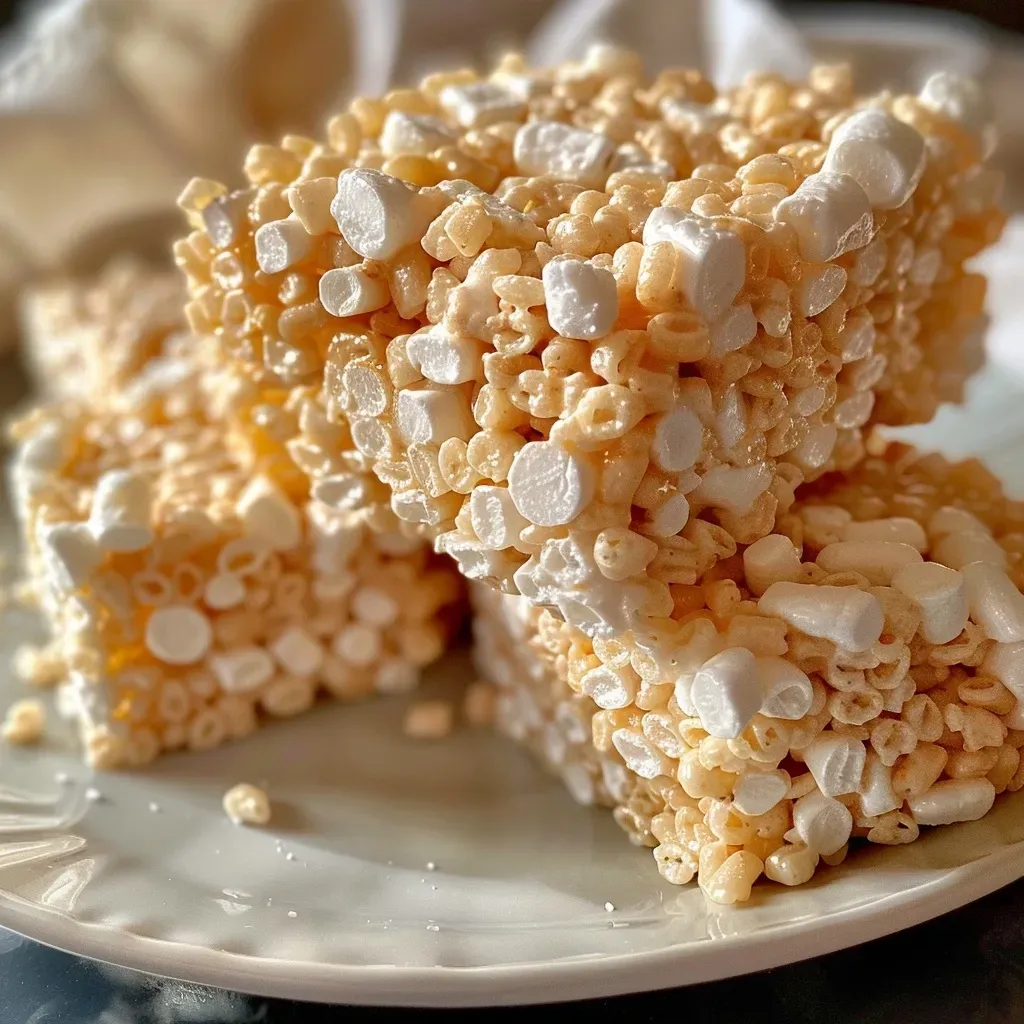 Side view of a stack of Rice Krispie treats, glistening with melted marshmallows and butter.