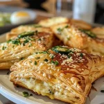 Close-up view of a golden brown smoked Gouda puff pastry pinwheel on a white plate.