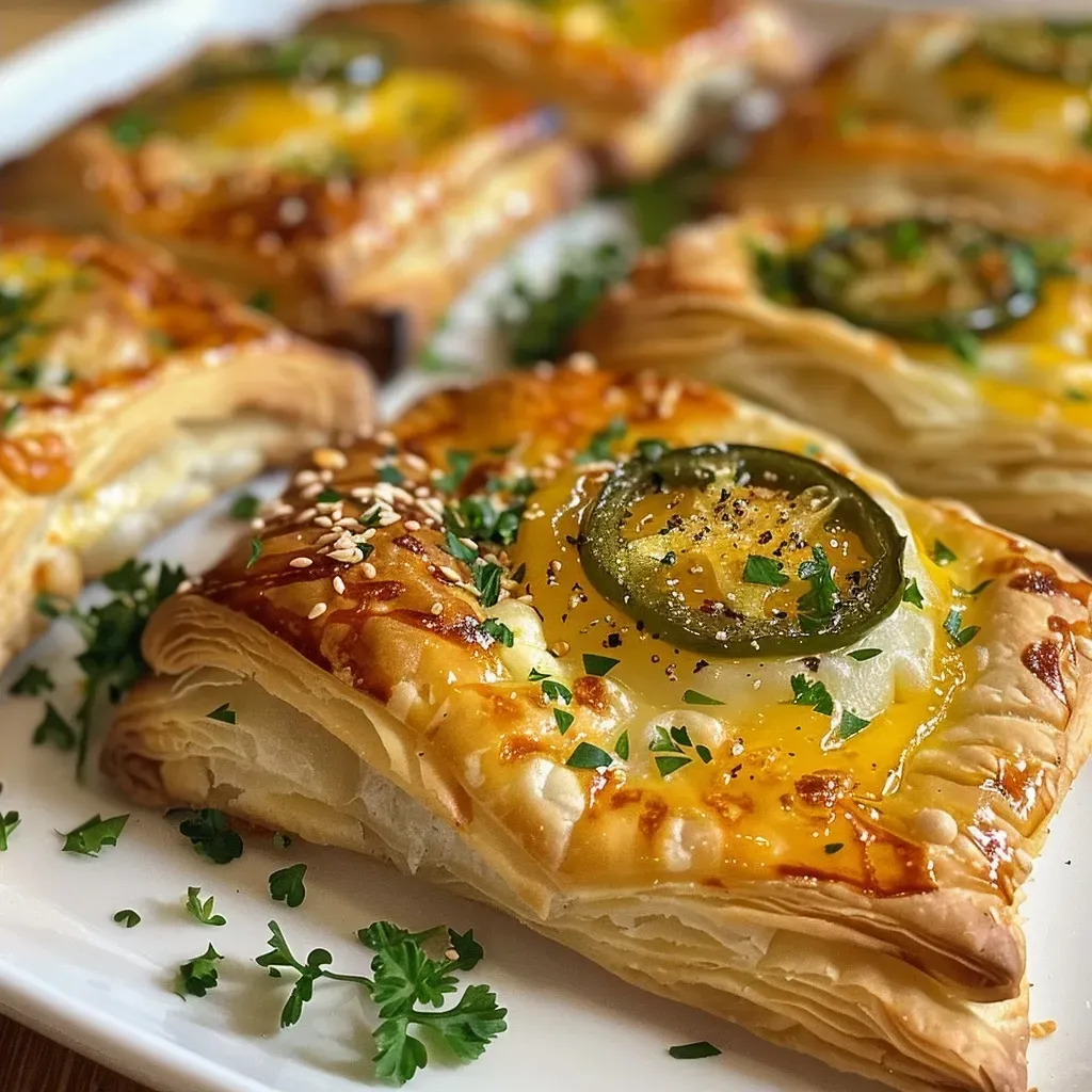 Side view of a flaky puff pastry pinwheel filled with smoked Gouda and jalapenos.