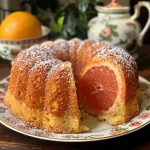 A close-up side view of a pink grapefruit and ginger Bundt cake with a smooth icing and decorative crystallized ginger on top.