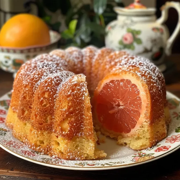 Fruchtige Freude: Grapefruit Ingwer Gugelhupf für besondere Momente A close-up side view of a pink grapefruit and ginger Bundt cake with a smooth icing and decorative crystallized ginger on top.