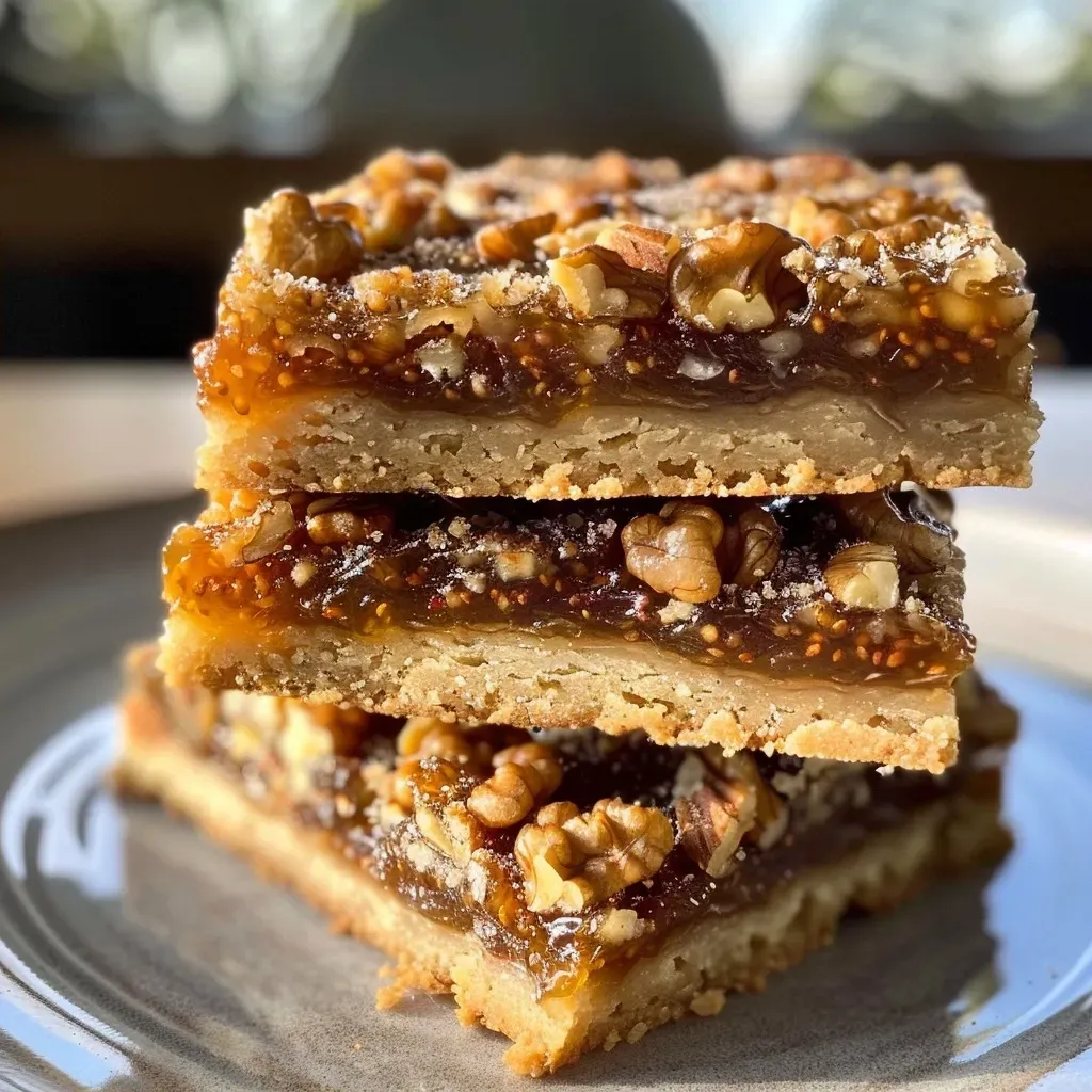 Close-up of delectable shortbread bars featuring figs and walnuts.
