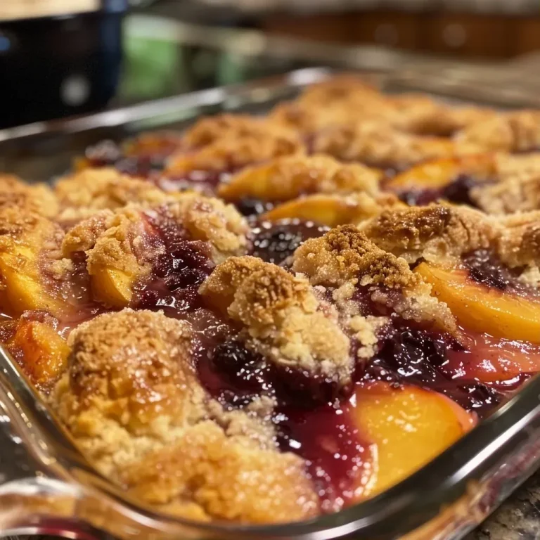 A close-up side view of a grilled peach and blackberry cobbler topped with scoop of caramel ice cream.
