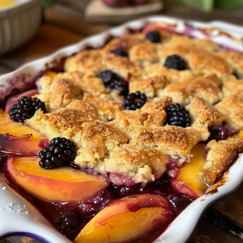 Juicy grilled peaches and blackberries baked in a golden crust, served with a creamy ice cream.