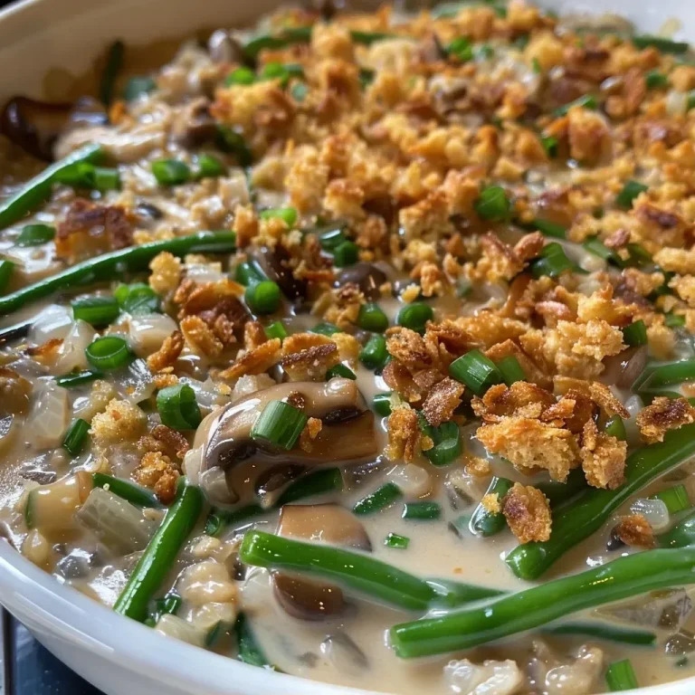 Herzhafter Grüne Bohnen Auflauf – Einfach und Lecker Side view of a green bean stuffing casserole with crispy topping.