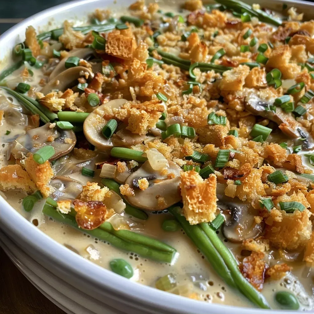 Close-up view of a cheesy green bean casserole with golden fried onions.