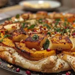 Close-up side view of a Halloumi crusted delicata squash galette with vibrant colors.