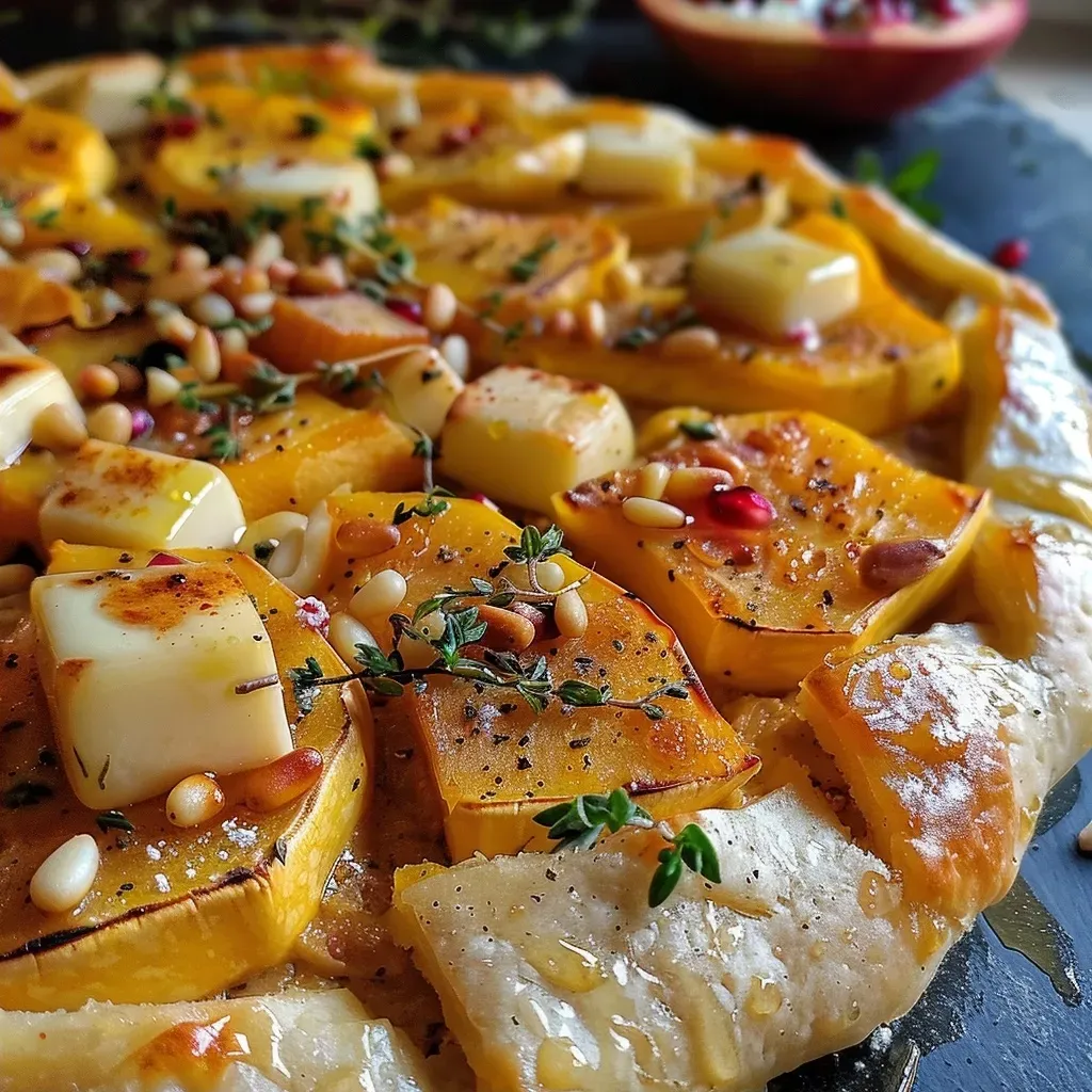 A savory galette featuring slices of delicata squash and melted halloumi cheese.