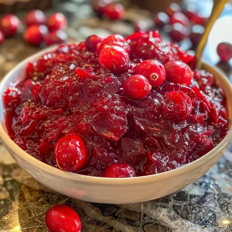 Close-up view of homemade cranberry sauce in a bowl with a rich red color.