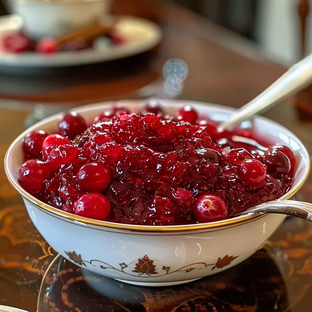 Side angle of vibrant cranberry sauce with whole cranberries and a glossy texture.