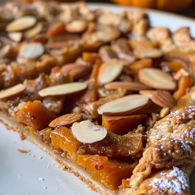 Köstliche Galette: Karamellisierte Zwiebeln und Kürbis vereint Savory galette filled with caramelized onions and pumpkin, garnished with sliced almonds.