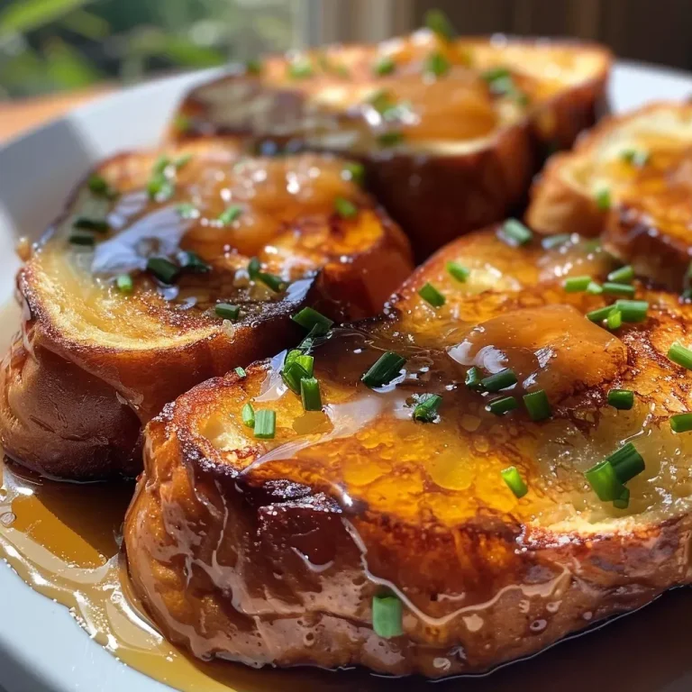 Close-up view of savory French toast with a swirl of apple butter and melted smoked Gouda cheese.