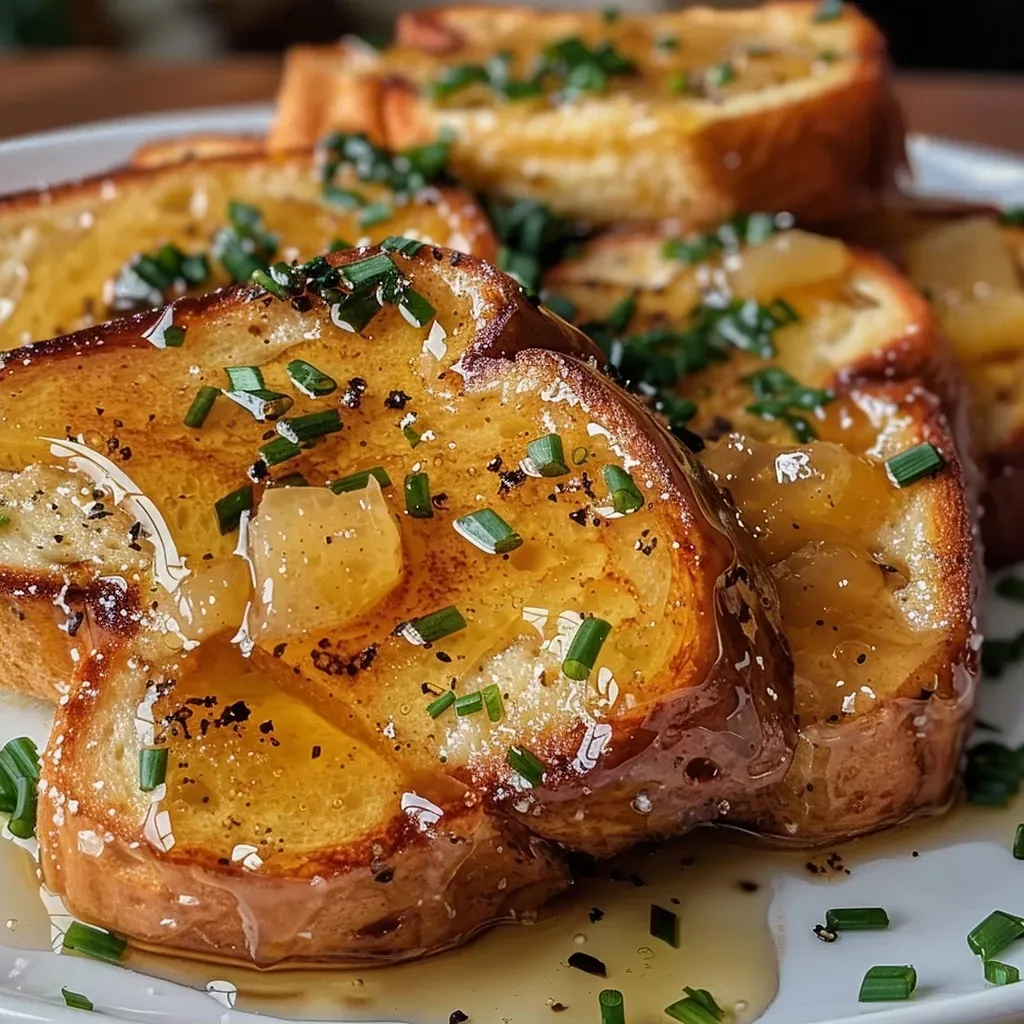 Side angle shot of a slice of French toast topped with apple butter and sprinkled with fresh chives.
