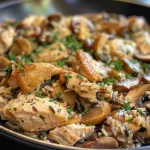 Close-up view of a creamy chicken and mushroom wild rice casserole with visible chunks of chicken and mushrooms.
