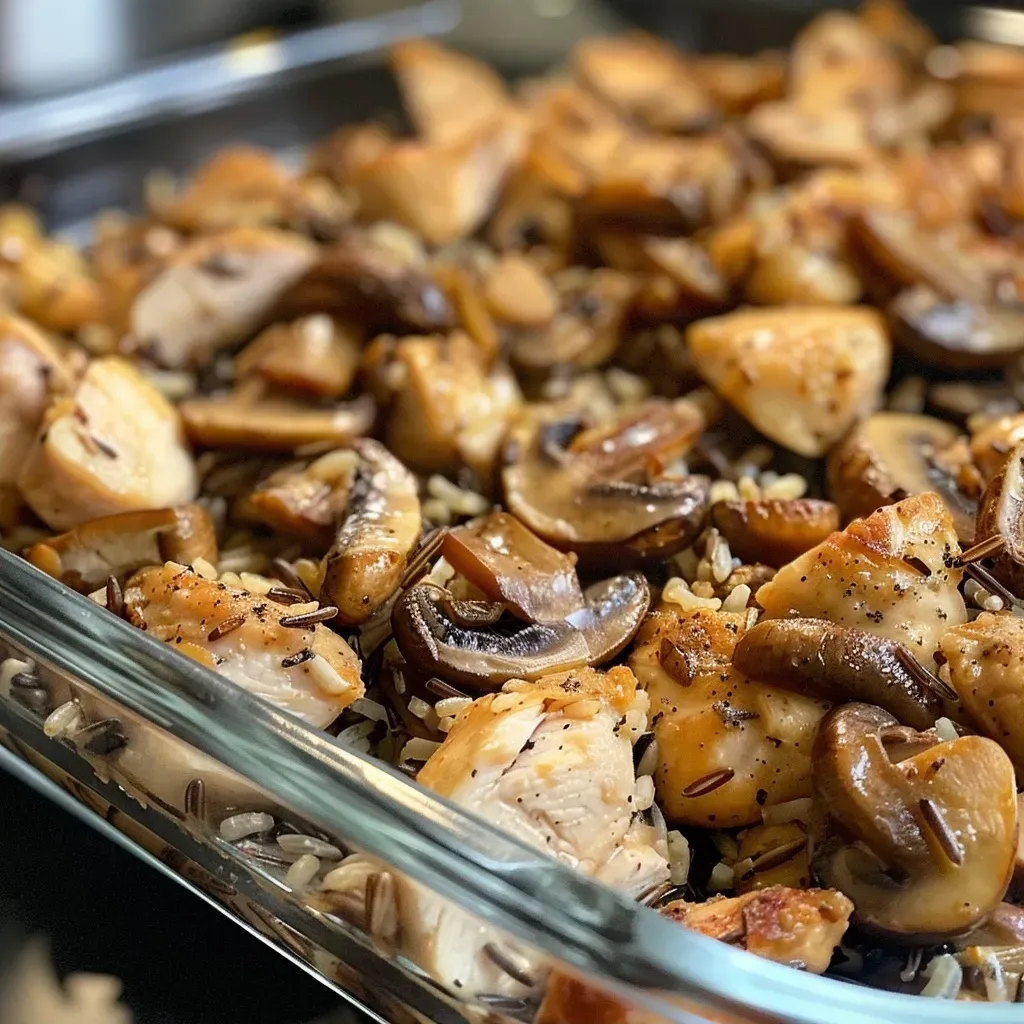 Side angle of a delicious high-protein casserole featuring chicken, mushrooms, and wild rice in a creamy sauce.