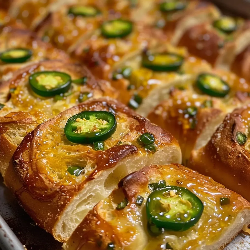 Side view of moist honey jalapeño cornbread with visible jalapeño slices and a golden crust.