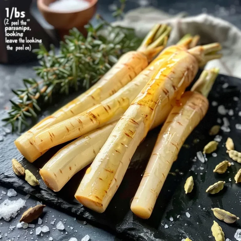 Himmlische Pastinaken mit Honig und Kardamom – Ein Genuss für die Sinne Close-up view of honey and cardamom glazed parsnips garnished with rosemary and sea salt.