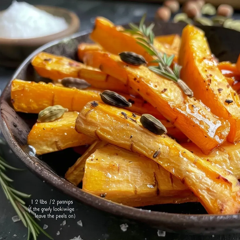 Juicy parsnips glazed with honey and cardamom, topped with fresh rosemary.
