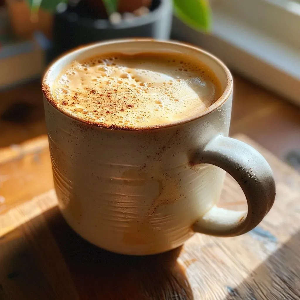 A side view of a honey latte, highlighting the rich color and texture of the oat milk and espresso.