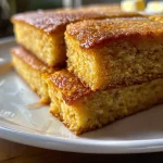 Close-up of golden honey butter cornbread in a skillet, highlighting its texture and color.