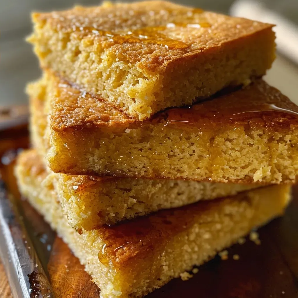 Side view of a perfectly baked cornbread topped with honey butter, showing rich golden crust.