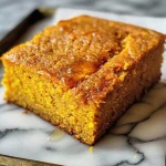 Close-up view of golden Honey Butter Sweet Potato Cornbread, showcasing its fluffy texture.